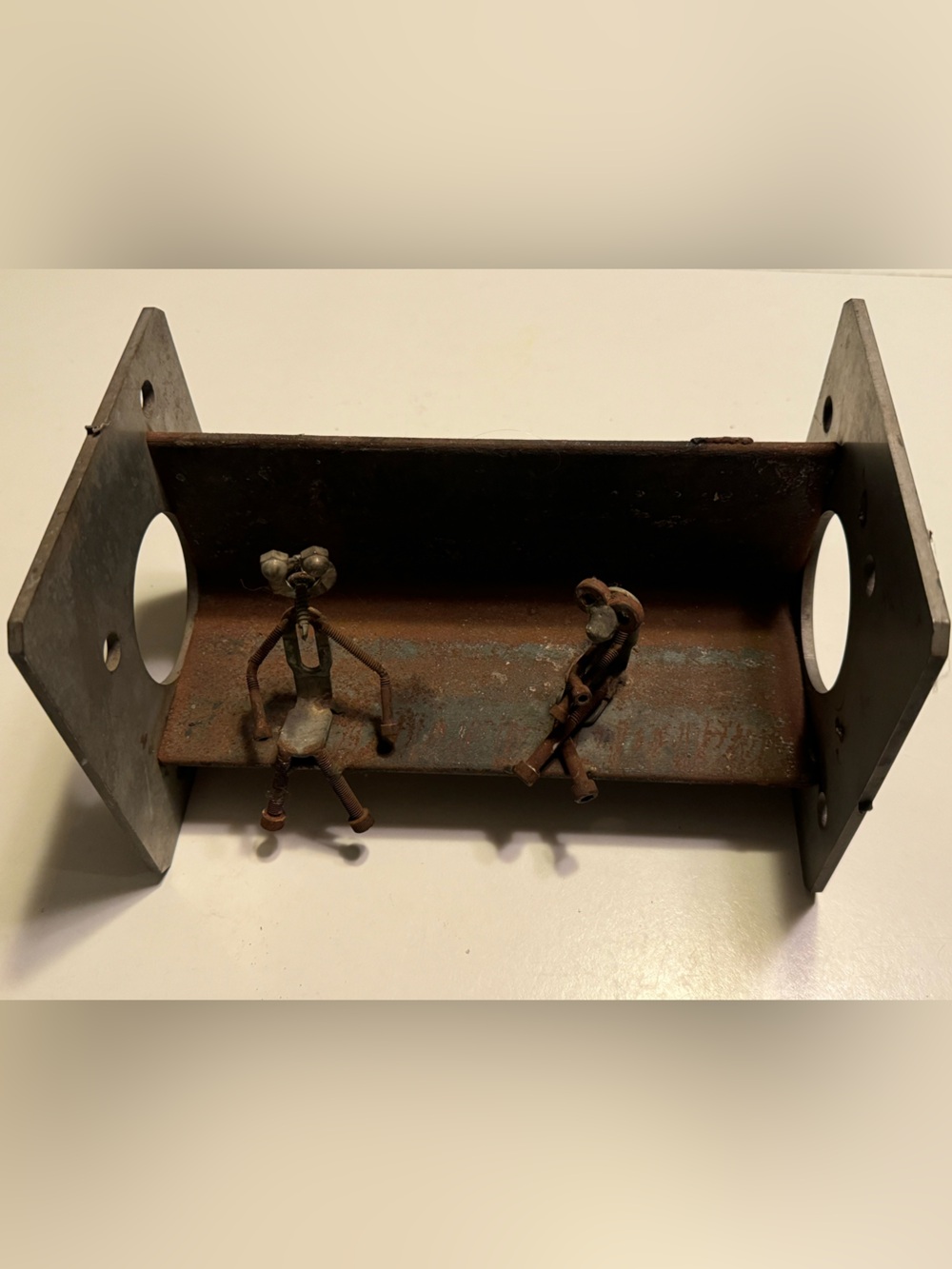 Vintage Rustic Metal Steel Sculpture Bench with Two Figurines Heavy Rare